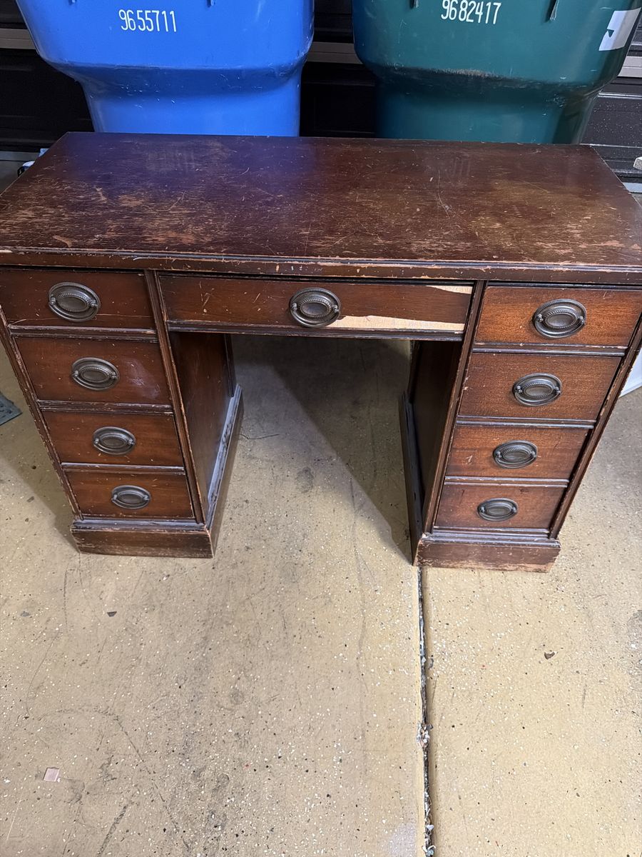 Vintage Wooden Pedestal Desk - 9-Drawer Executive Office Desk