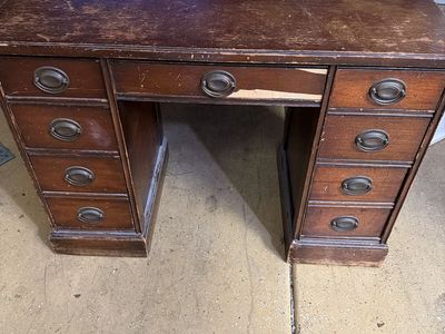 Vintage Wooden Pedestal Desk - 9-Drawer Executive Office Desk