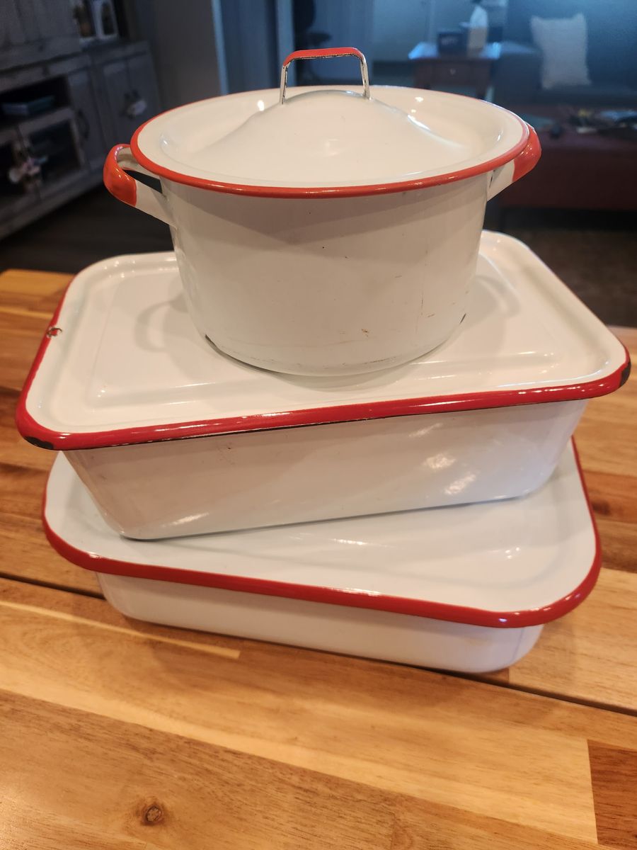 Vintage White & Red Enamelware Set – 3 Piece Farmhouse Decor