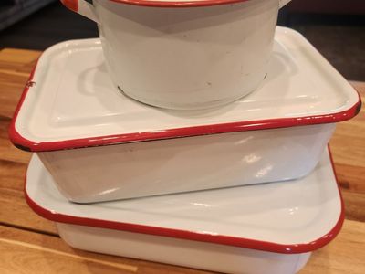 Vintage White & Red Enamelware Set – 3 Piece Farmhouse Decor