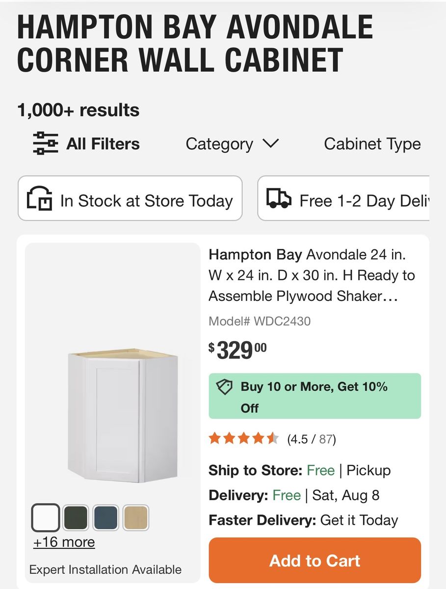 Hampton Bay Avondale 24in Corner Wall Cabinet Shaker Alpine White (WDC2430)