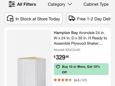Hampton Bay Avondale 24in Corner Wall Cabinet Shaker Alpine White (WDC2430)
