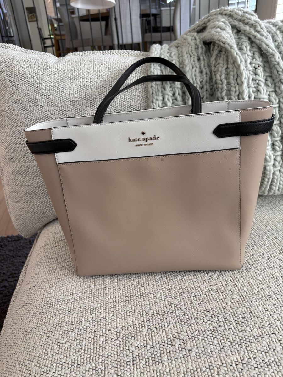 Kate Spade New York Beige/White/Black Leather Tote Bag - Excellent Condition