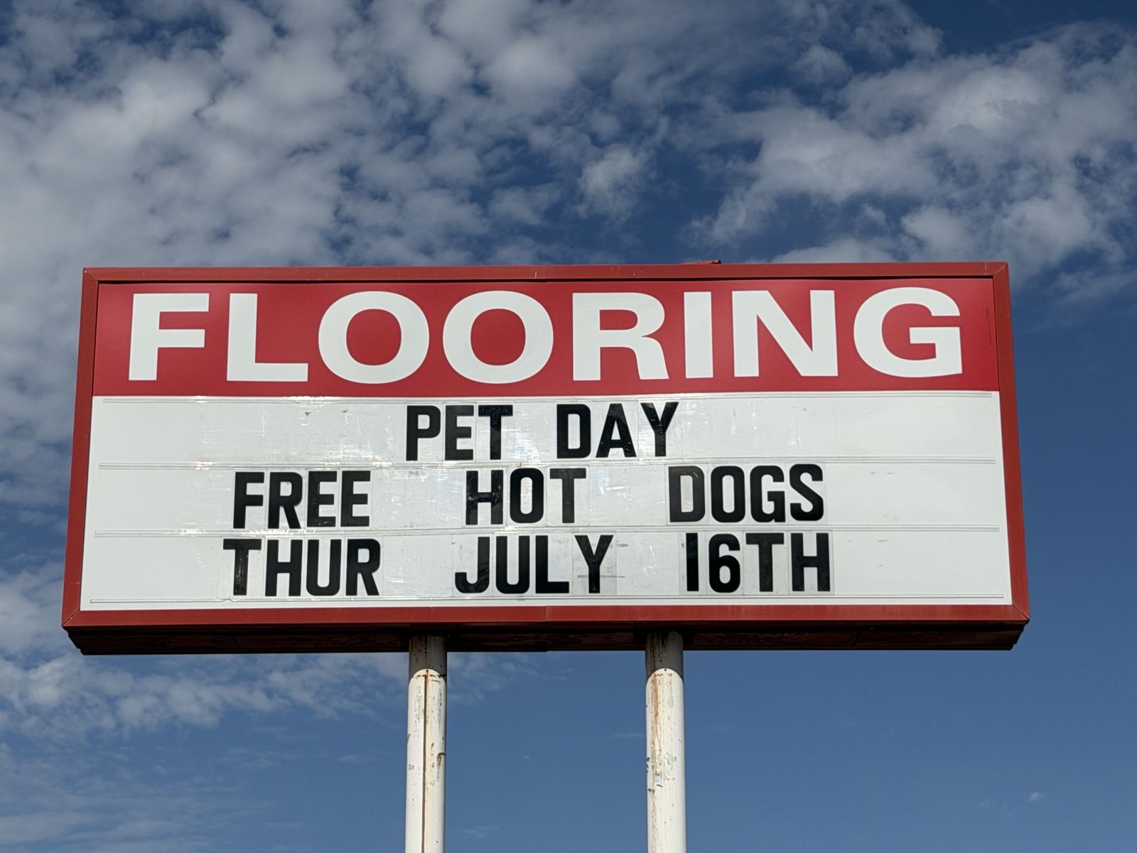 Pet Day Flooring sale, Free hot dogs and drinks and Merchandise