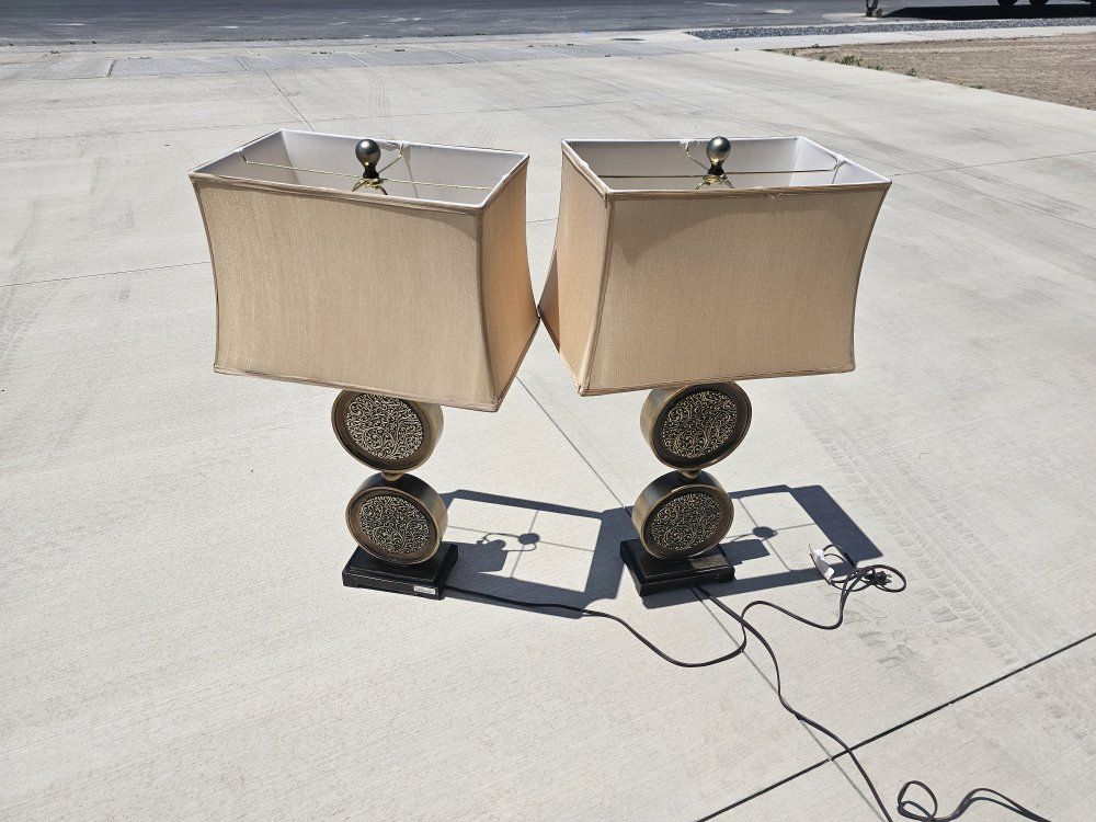 Table Lamps Vallada 34"H Lamp Vintage Mid-Century Modern Brass Table Lamps with Square Shades - Pair