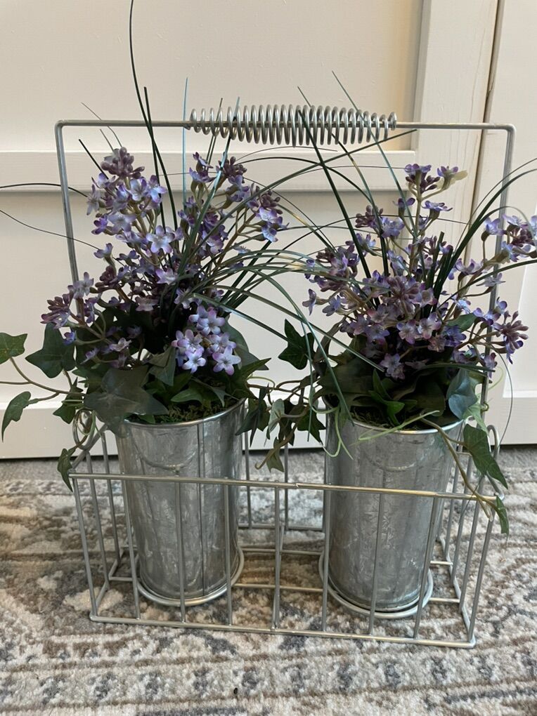 14 Inch Tall Purple Floral Galvanized Metal Decor