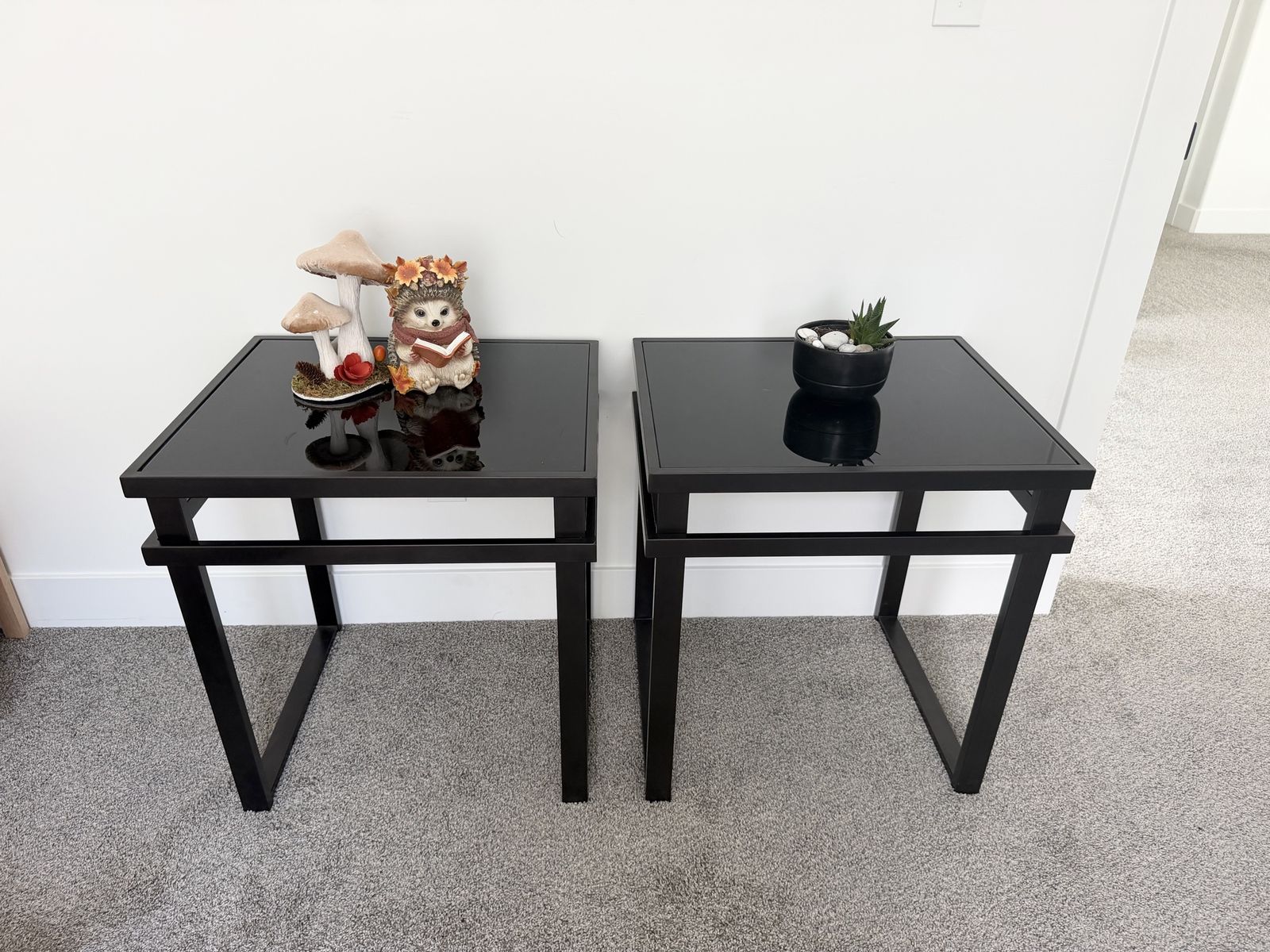 Pair of Modern Black Metal and Glass End Tables / Accent Tables