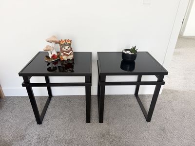 Pair of Modern Black Metal and Glass End Tables / Accent Tables
