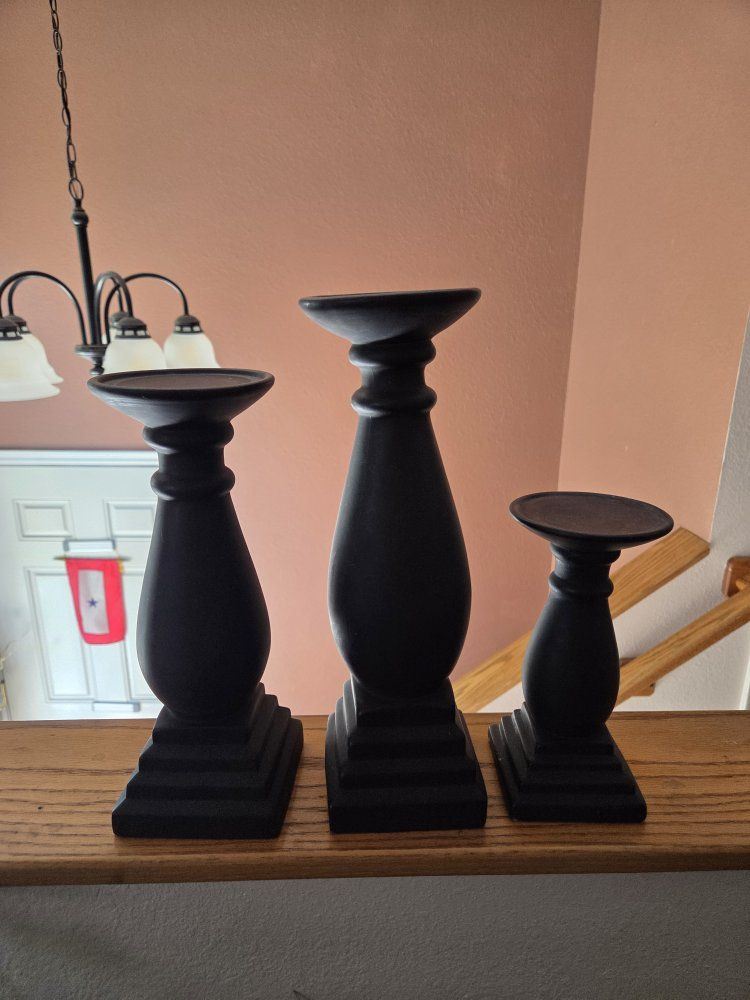 Set of 3 Black Ceramic Tapered Candlestick Holders - Various Heights, Modern Decor