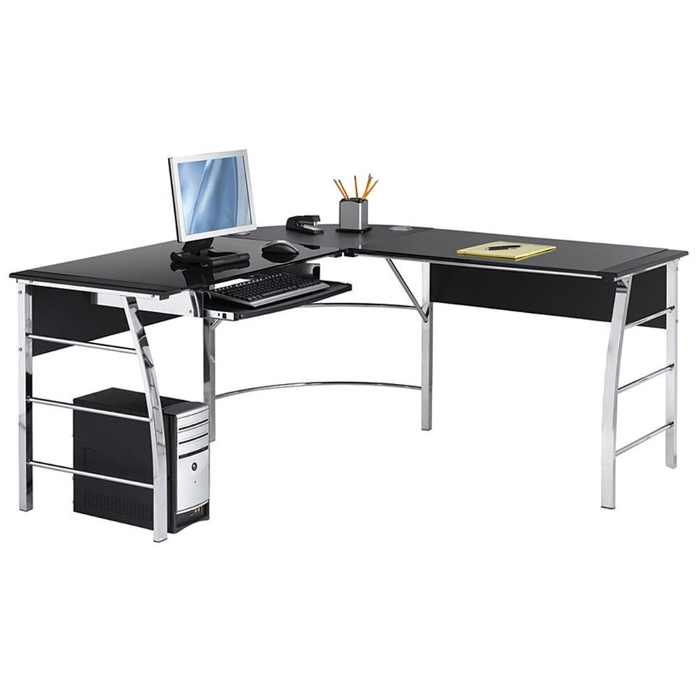 Mezza 62"W L-Shape Corner Desk, Black/Chrome