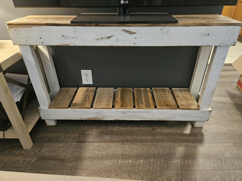 Handcrafted Farmhouse Style TV Stand / Console Table - Solid Wood, White Distressed Finish