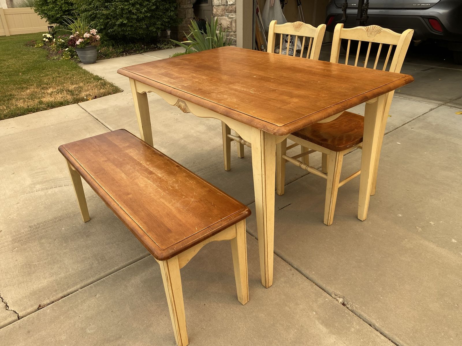 Cottage Style Dining Set - 48"x30" Table, 2 Chairs, Bench - Wood & Cream Finish