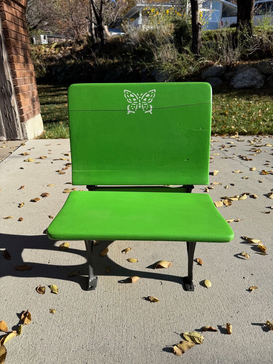 Vintage School Desk with Cast Iron Frame – Green Butterfly Design