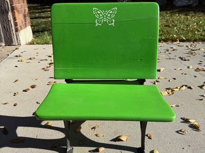 Vintage School Desk with Cast Iron Frame – Green Butterfly Design