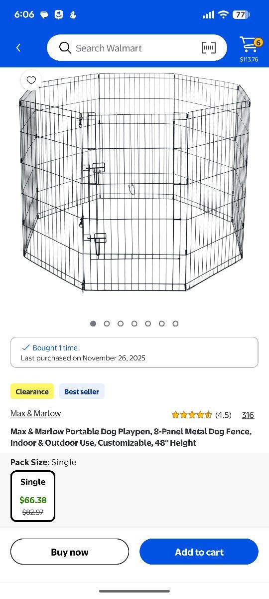 Max & Marlow 8-Panel Metal Dog Playpen, 48" Height, Indoor/Outdoor, Customizable