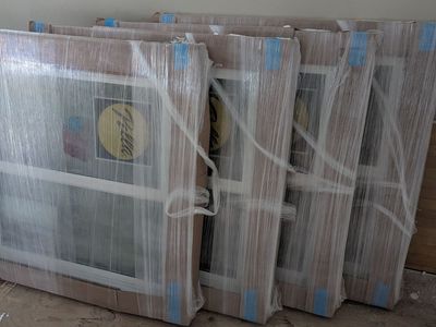 Pella Impervia Sliding Windows (4x) — 36×36 White Fiberglass — New in Wrap, High Altitude Glass