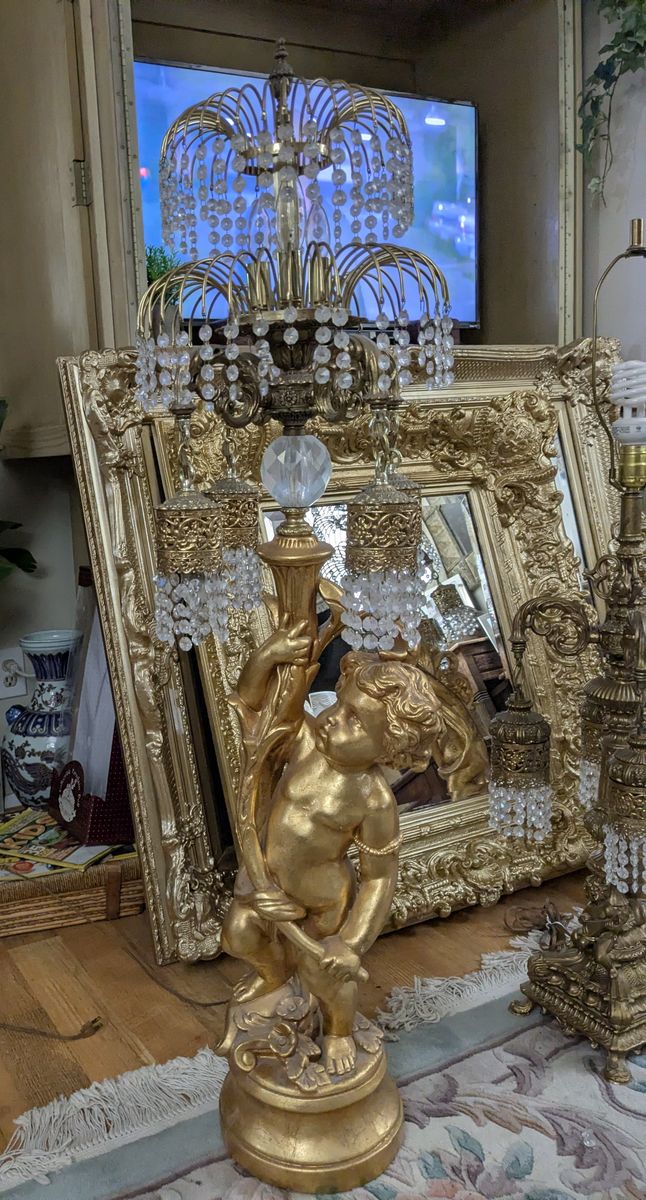 Huge 4' Antique Hollywood Regency style Gold Leafed Cherub Floor Lamps with Solid Brass and Crystal Tiered light features