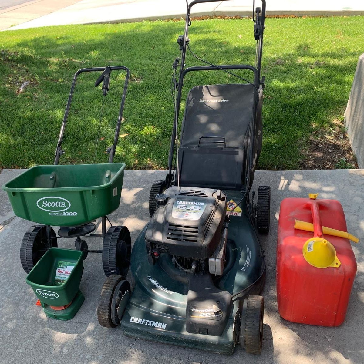 Craftsman 22" Front Drive Mulcher Lawn Mower w/ Scotts SpeedyGreen 1000 Spreader & Gas Can