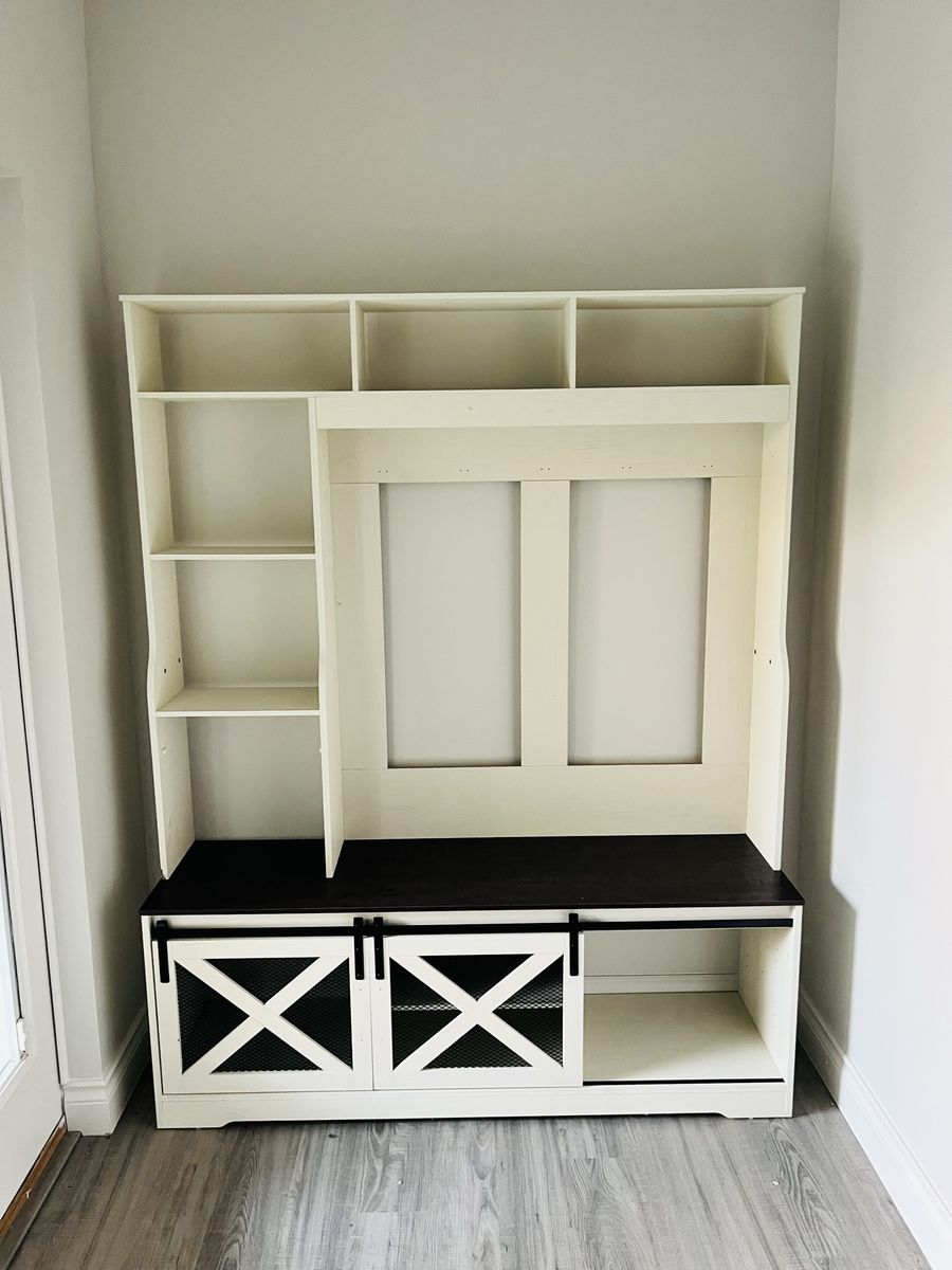 Custom Built Entryway Mudroom Bench with Storage, Shelves, and Sliding Barn Doors