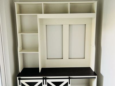 Custom Built Entryway Mudroom Bench with Storage, Shelves, and Sliding Barn Doors