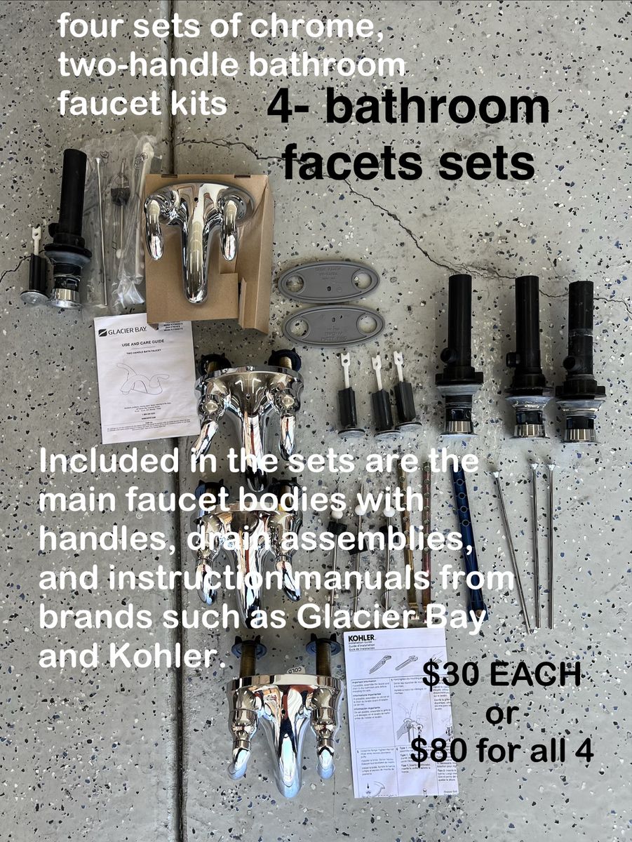 4 New Glacier Bay/Kohler Chrome Two-Handle Bathroom Faucet Kits w/ Drain Assemblies & Manuals