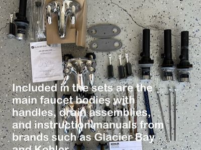 4 New Glacier Bay/Kohler Chrome Two-Handle Bathroom Faucet Kits w/ Drain Assemblies & Manuals