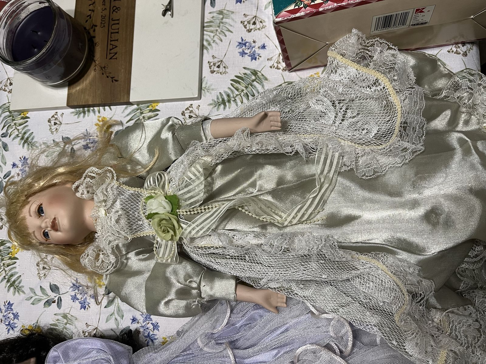Vintage Porcelain Doll Blonde Hair Green Dress Lace Trim Collectible Decorative Doll