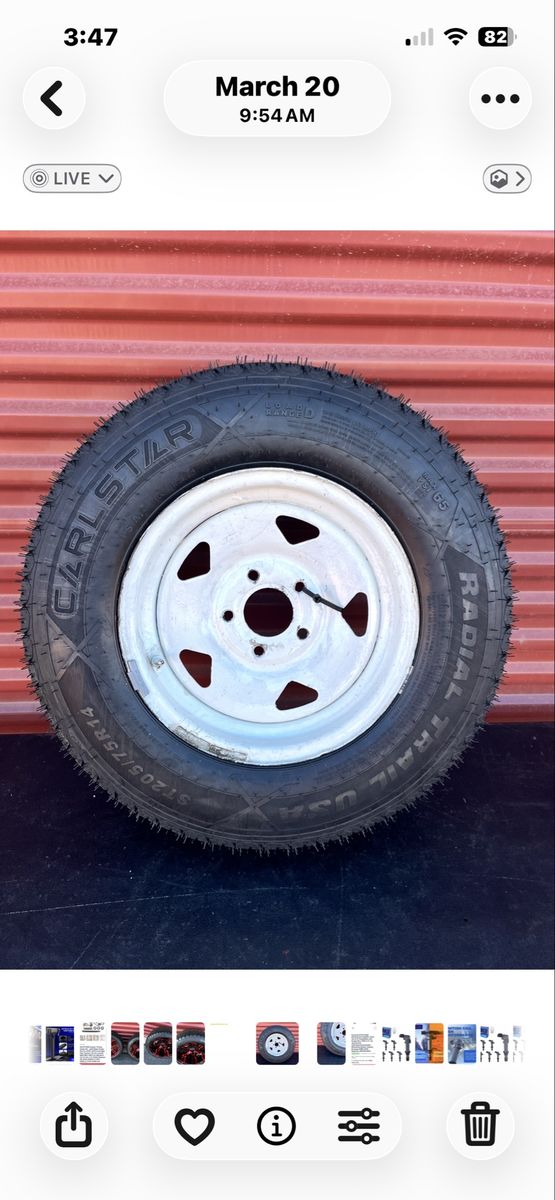 Brand New Carlstar ST 205/75 R 14 Trailer Tire Mounted in Used Wheel        Makes a Great Spare. 5 on 4.5