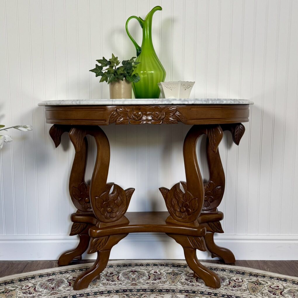 Hand-Carved Swan Console Table with Marble Top