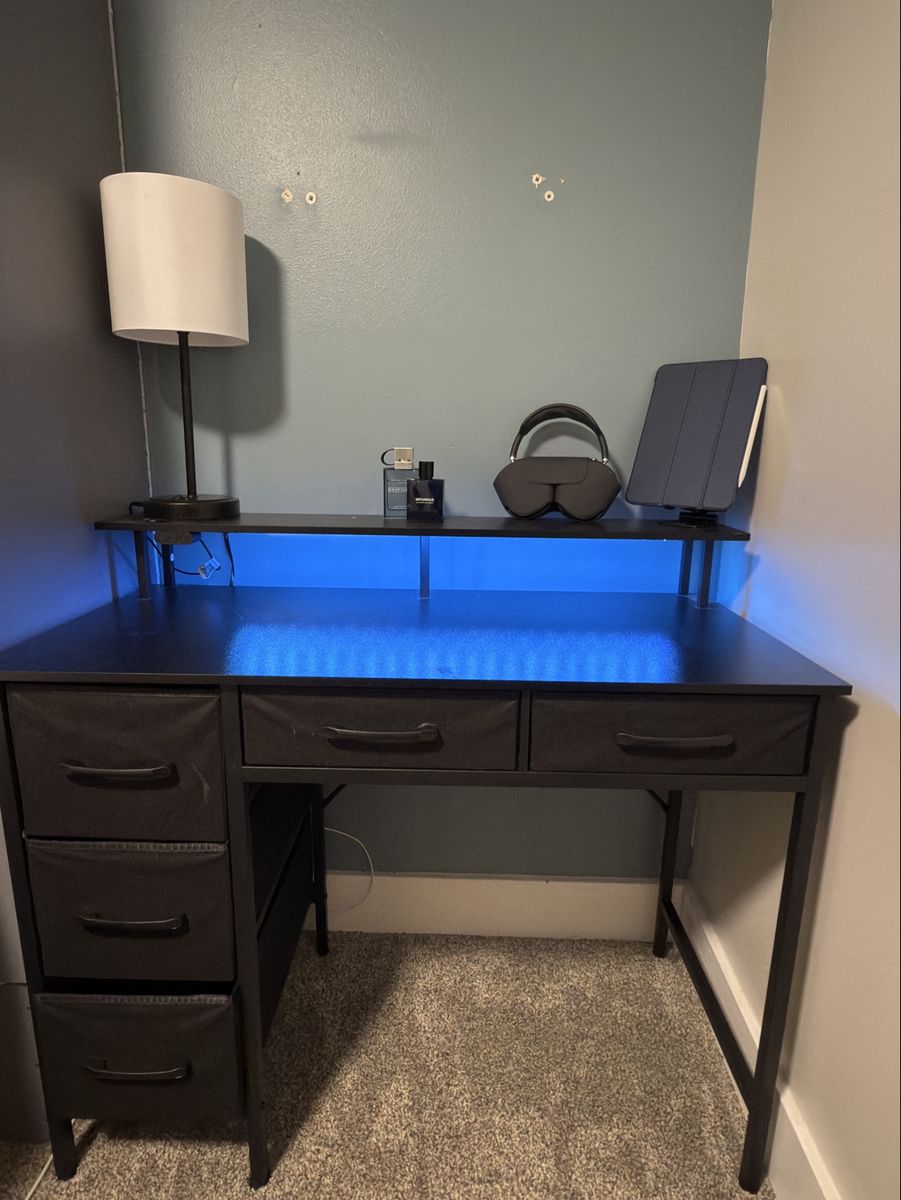 Black Computer Desk with LED Backlight, Monitor Riser, and 3 Fabric Drawers
