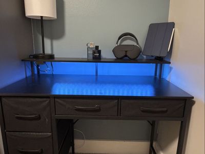 Black Computer Desk with LED Backlight, Monitor Riser, and 3 Fabric Drawers
