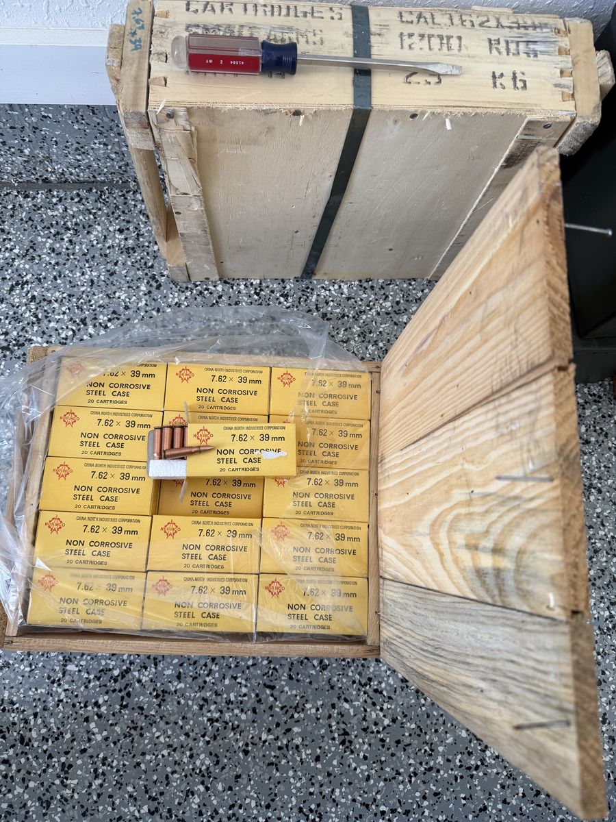 7.62 X 39mm 1200 rounds of Chinese steel case ammo(non corrosive) in an unopened wood crate from China, made by Norinco. 
