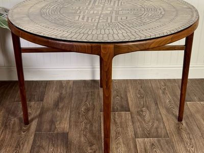 Vintage MCM Brutalist Italian Pewter Top Table w/ Walnut Base