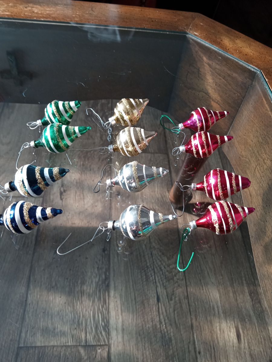 Vintage Hand-Blown Glass Christmas Ornaments - Set of 12 Striped Christmas  Decorations
