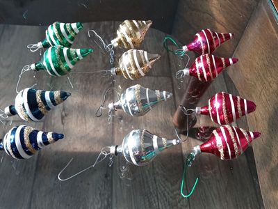 Vintage Hand-Blown Glass Christmas Ornaments - Set of 12 Striped Christmas Decorations
