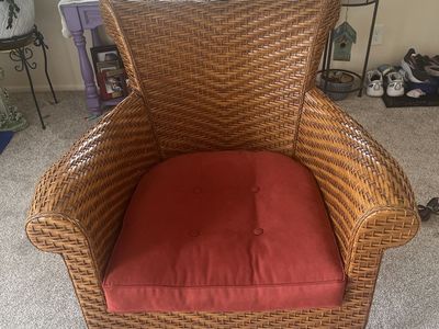 Wicker Armchair with Rust Red Cushion - Comfortable and elegant, the red cushion needs replaced, great condition!!