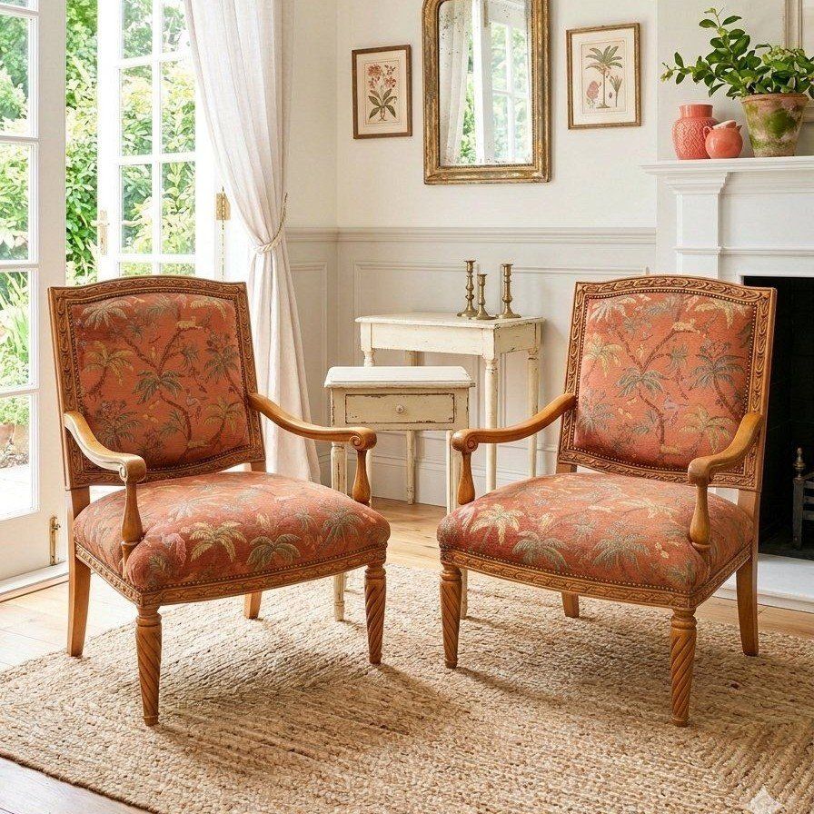Gorgeous Pair of Coral Anthropologie Style Arm Chairs