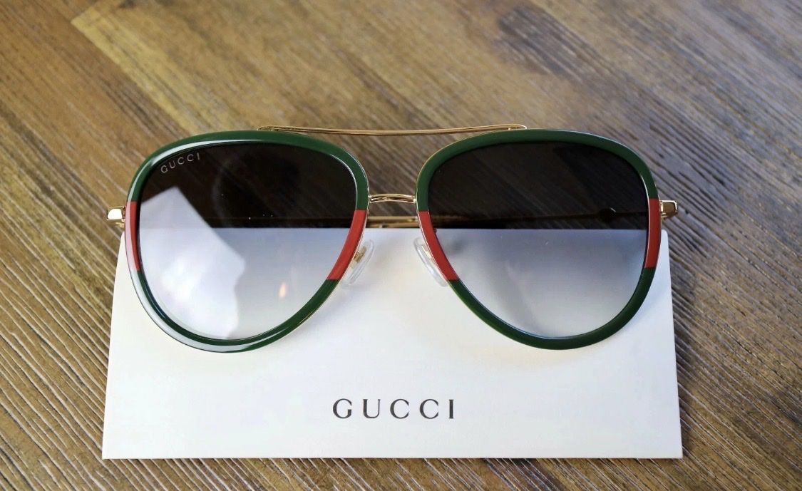 Gucci GG0062S 003 Aviator Sunglasses in Green/Red Stripe/Gold and Gray Lens