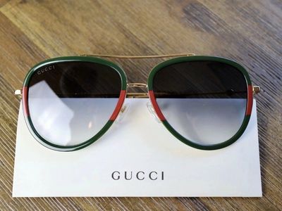 Gucci GG0062S 003 Aviator Sunglasses in Green/Red Stripe/Gold and Gray Lens