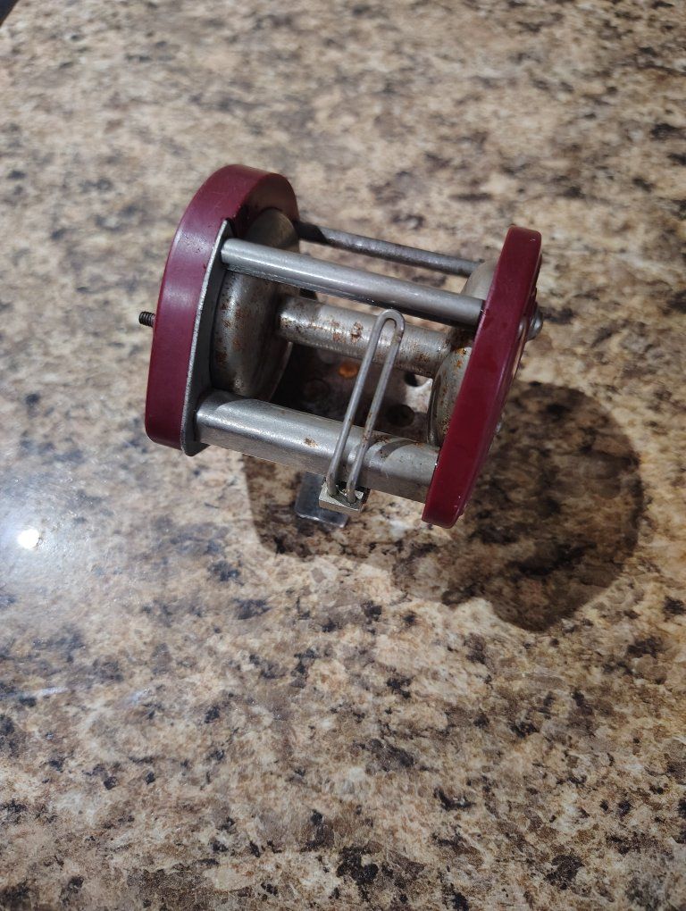 Vintage Mizuho Product Japan Fishing Reel - Red/Silver Metal & Bakelite