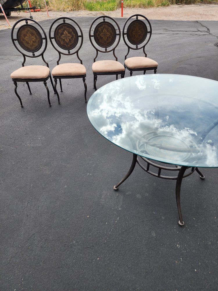 Wrought Iron Dining Set with Round Glass Table and 4 Chairs