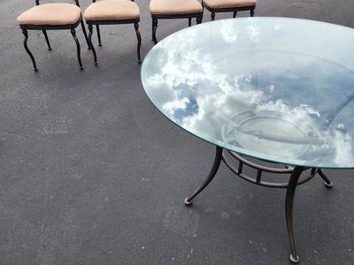 Wrought Iron Dining Set with Round Glass Table and 4 Chairs