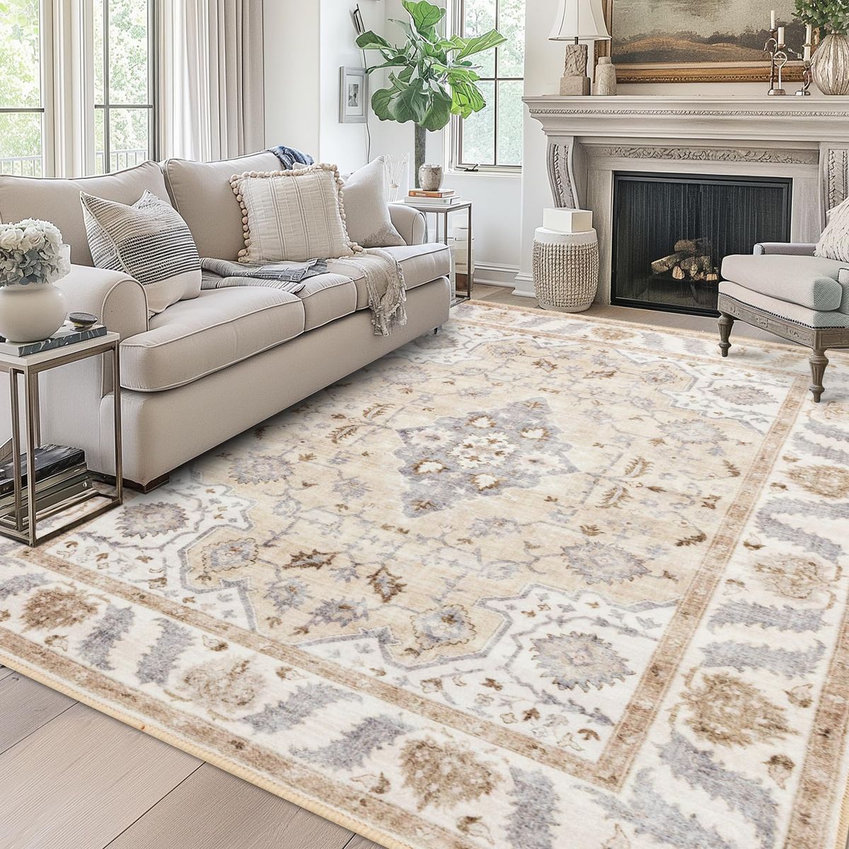 NEW Area Rug 8x10 for Living Room Soft Machine Washable Low Pile Area Rugs Vintage Boho, Beige