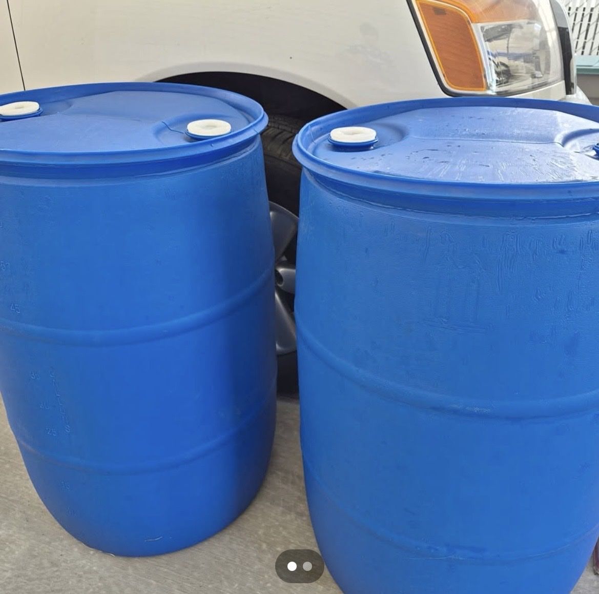 Two 55 Gallon Blue Plastic Barrels / Drums - Food Grade Storage