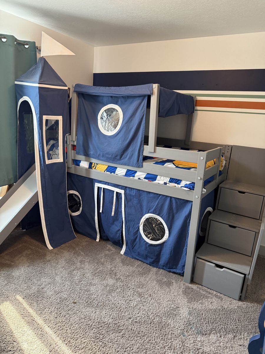 Jackpot! Kids Pirate Ship/Castle Loft Bed with Slide, Storage Stairs & Mattress – Twin, Solid Wood