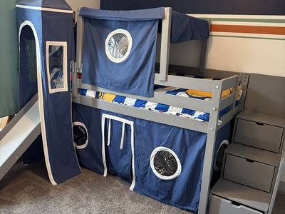 Jackpot! Kids Pirate Ship/Castle Loft Bed with Slide, Storage Stairs & Mattress β Twin, Solid Wood