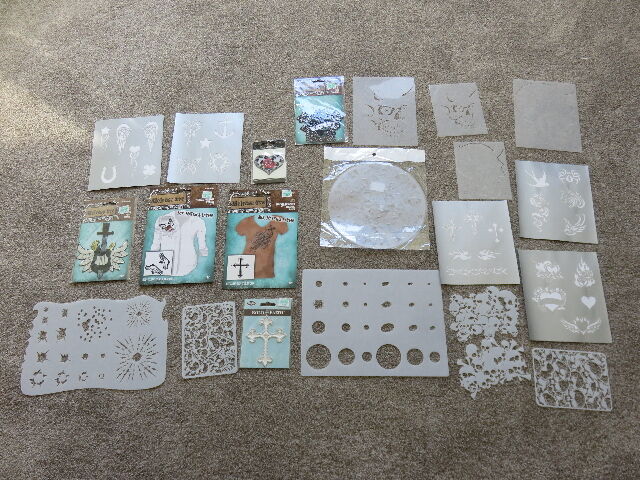 LARGE LOT OF STENCILS AND DECORATIVE SEW ON EMBLEMS FOR ONE PRICE