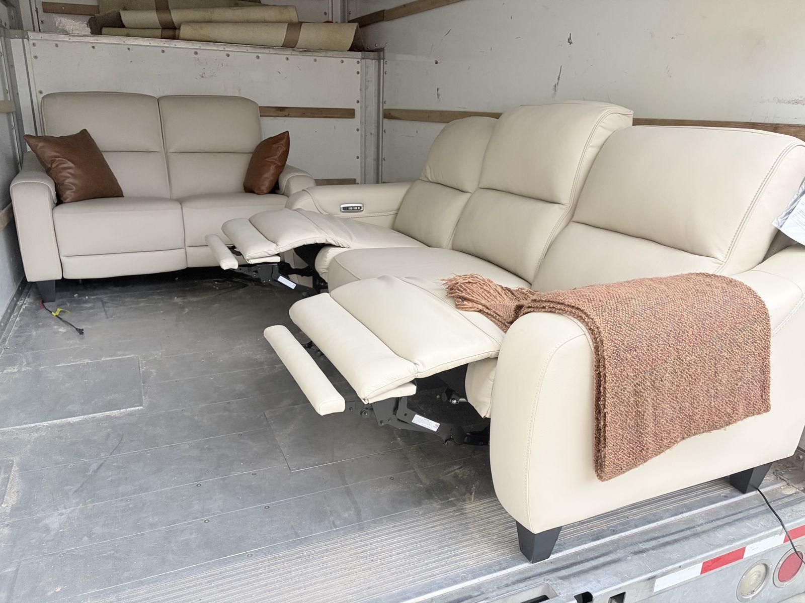 Cream Leather Power Reclining Sofa & Loveseat Set