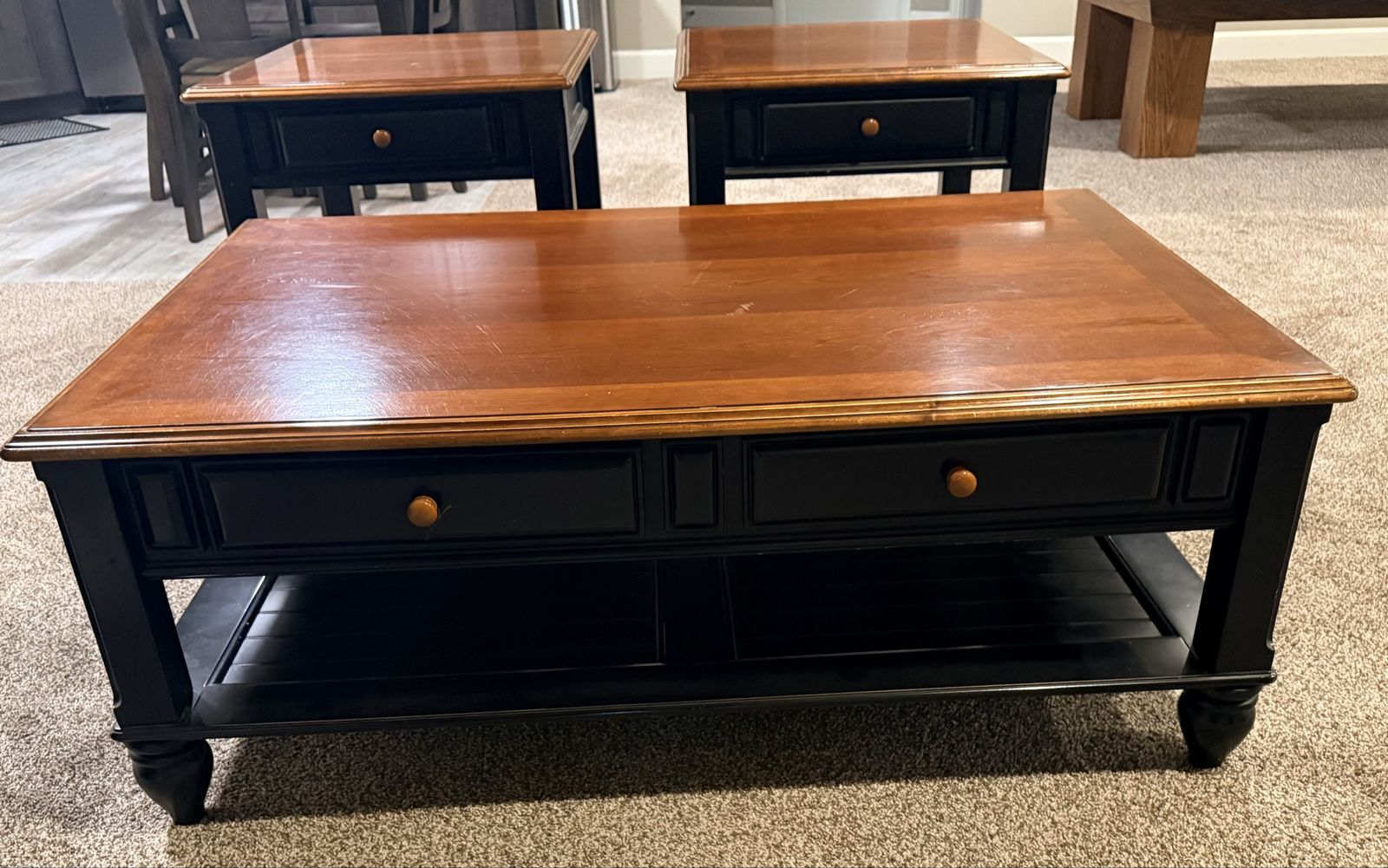 Black and Wood-Tone Coffee Table and Matching End Table Set