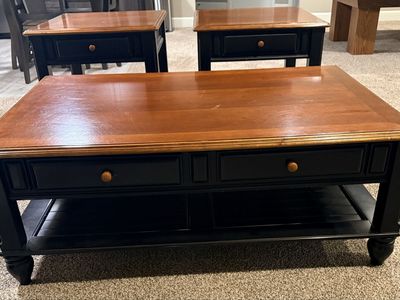 Black and Wood-Tone Coffee Table and Matching End Table Set